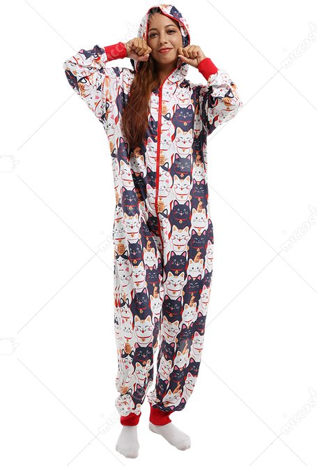 Katze Muster Onesie Overall mit Kapuzen Homewear Kigurumi Pyjamas Lange Arm Jumpsuit Kostüm Halloween Anzug