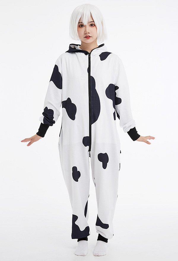 Women Cow Pattern Onesie Pajama Adult Onesie Homewear Kigurumi Hooded Loungewear Costume Outfits