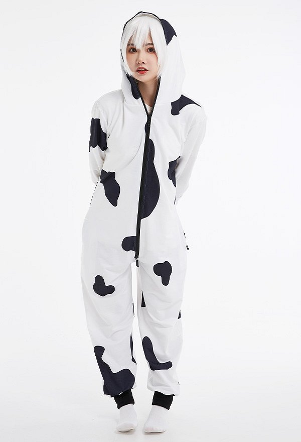 Women Cow Pattern Onesie Pajama Adult Onesie Homewear Kigurumi Hooded Loungewear Costume Outfits