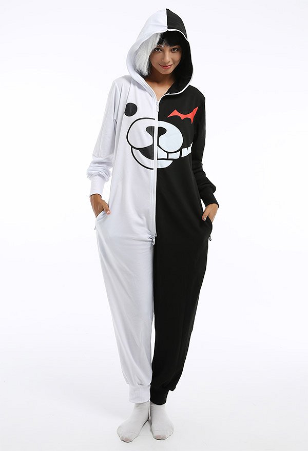 Women Monokuma Derivative Pattern Print Hooded Onesie Pajama Cartoon Loungewear Adult Onesie Homewear Kigurumi Costume Outfits