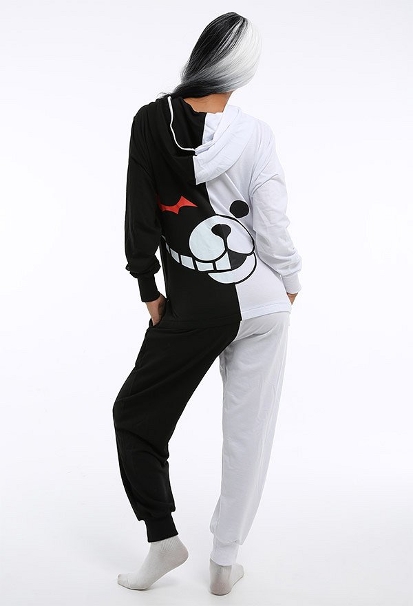 Women Monokuma Derivative Pattern Print Hooded Onesie Pajama Cartoon Loungewear Adult Onesie Homewear Kigurumi Costume Outfits