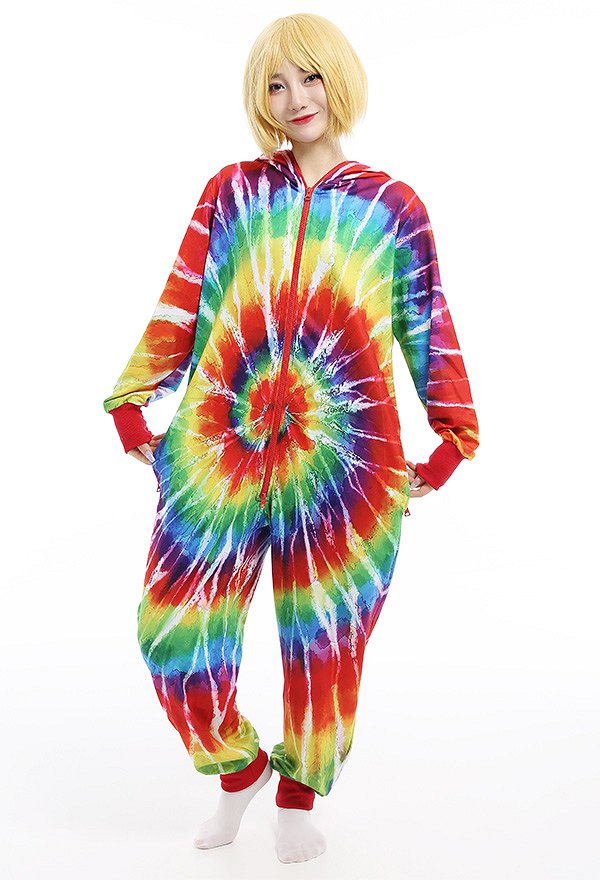 Women Spinning Rainbow Pattern Homewear Onesie Pajama Adult Kigurumi Hooded Loungewear Costume Outfits