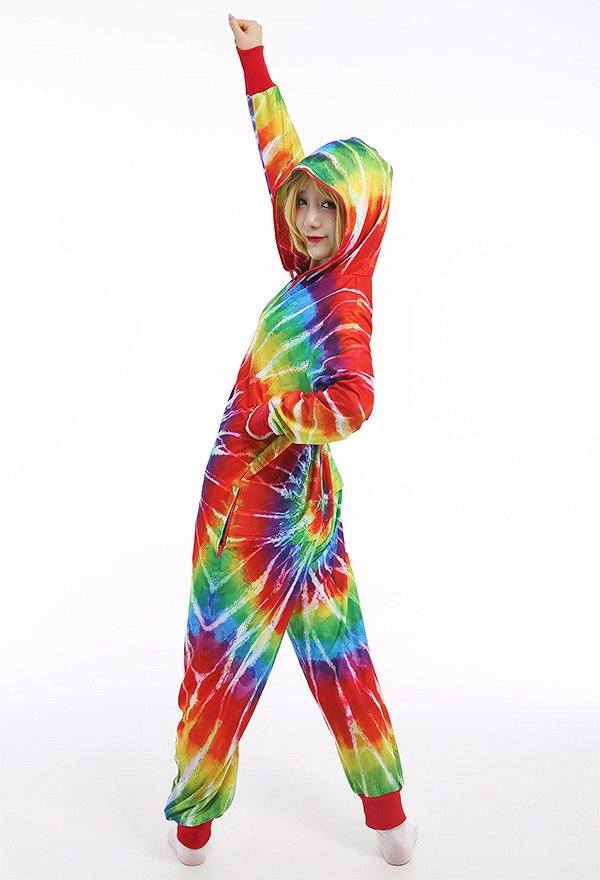 Women Spinning Rainbow Pattern Homewear Onesie Pajama Adult Kigurumi Hooded Loungewear Costume Outfits