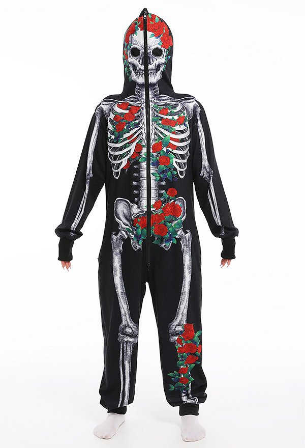 Halloween Women Rose Skeleton Skull Hooded Onesie Pajama Loungewear Pattern Print Adults Onesie Homewear Kigurumi Costume Outfits