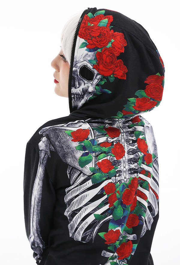Halloween Women Rose Skeleton Skull Hooded Onesie Pajama Loungewear Pattern Print Adults Onesie Homewear Kigurumi Costume Outfits