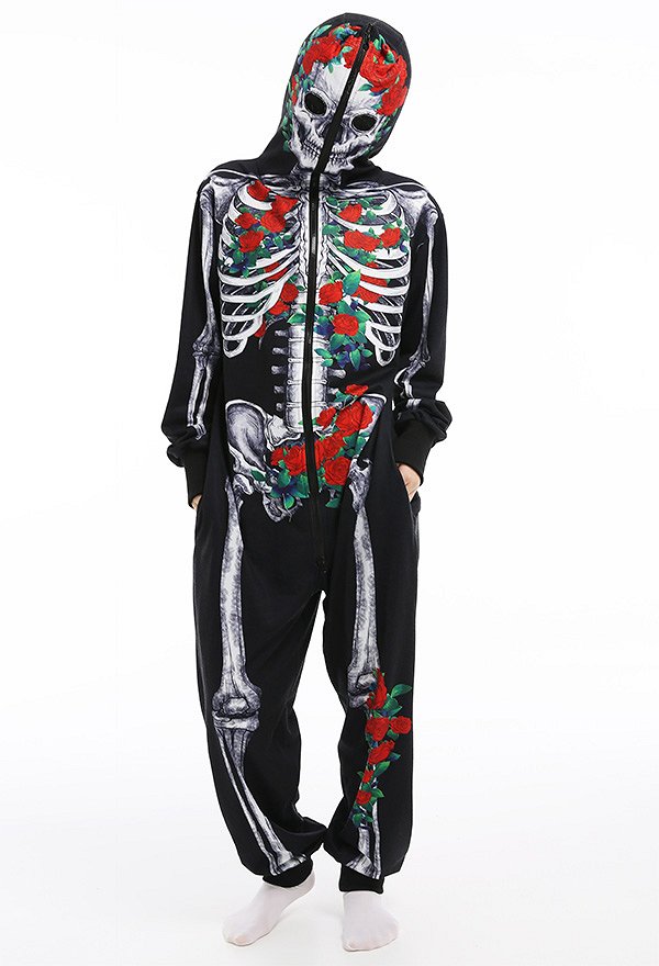 Halloween Women Rose Skeleton Skull Hooded Onesie Pajama Loungewear Pattern Print Adults Onesie Homewear Kigurumi Costume Outfits