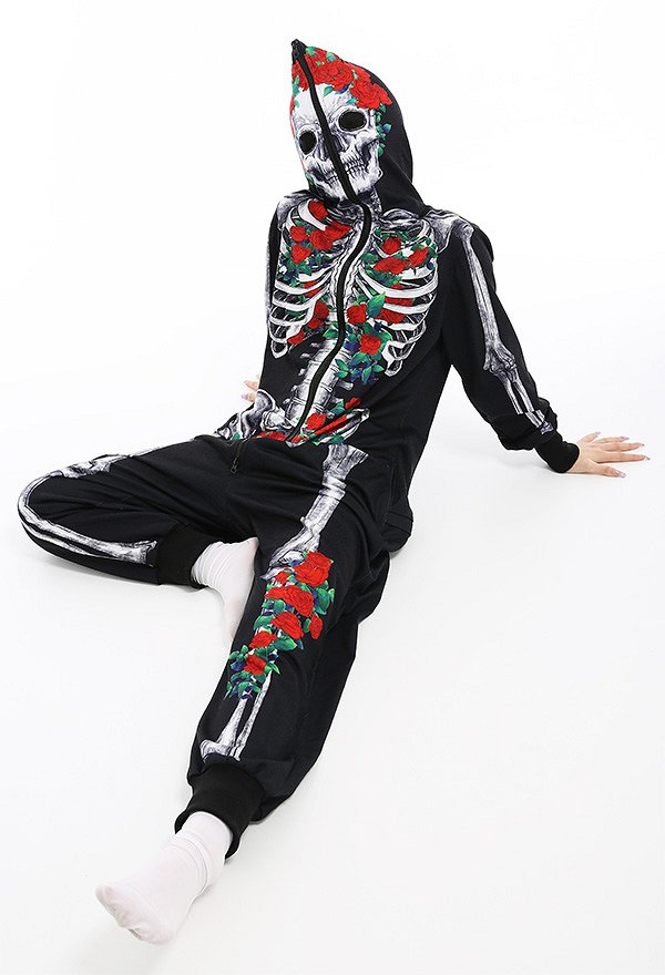 Halloween Women Rose Skeleton Skull Hooded Onesie Pajama Loungewear Pattern Print Adults Onesie Homewear Kigurumi Costume Outfits