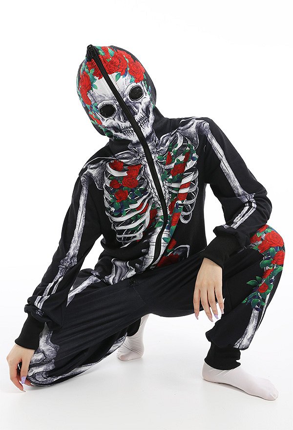 Halloween Women Rose Skeleton Skull Hooded Onesie Pajama Loungewear Pattern Print Adults Onesie Homewear Kigurumi Costume Outfits
