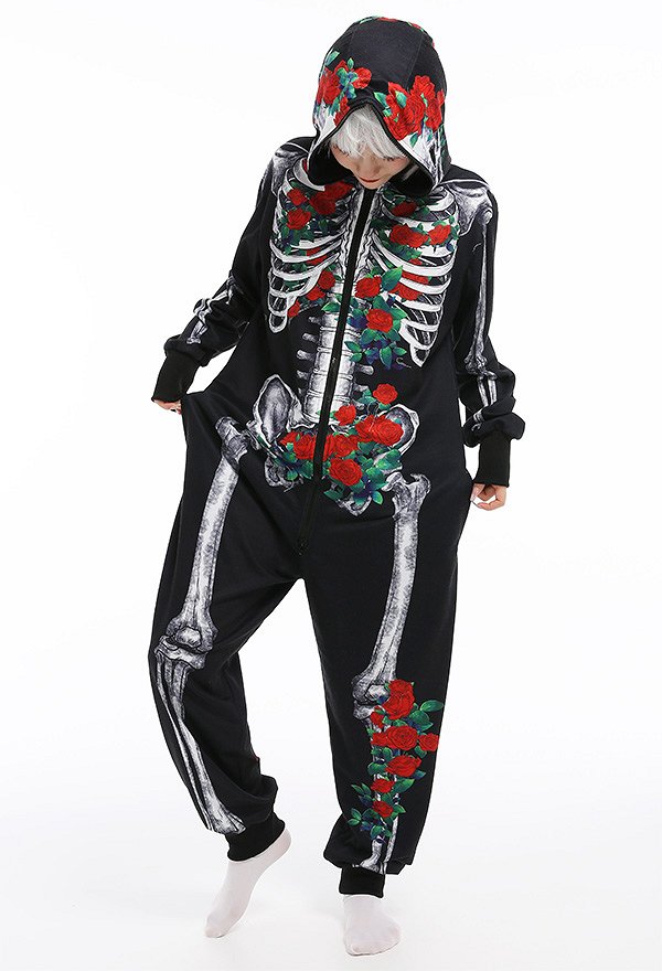 Halloween Women Rose Skeleton Skull Hooded Onesie Pajama Loungewear Pattern Print Adults Onesie Homewear Kigurumi Costume Outfits