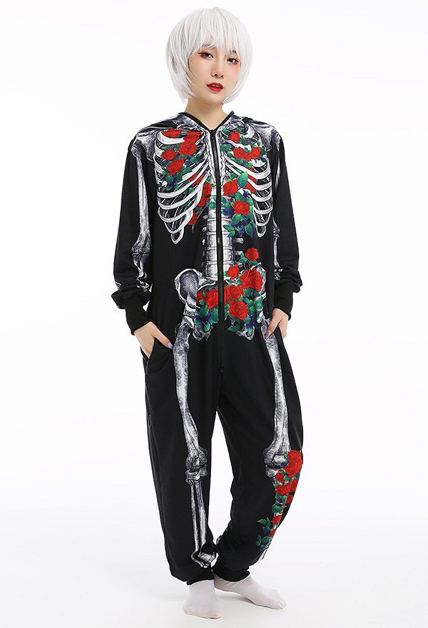 Halloween Women Rose Skeleton Skull Hooded Onesie Pajama Loungewear Pattern Print Adults Onesie Homewear Kigurumi Costume Outfits