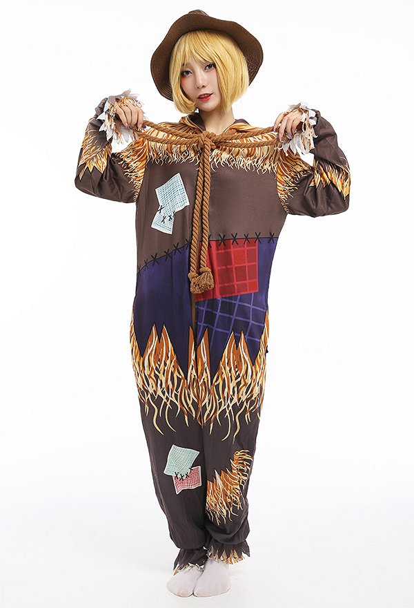 Women Scarecrow Onesie Pajamas Long Sleeve Kigurumi Cosplay Costume with Hat