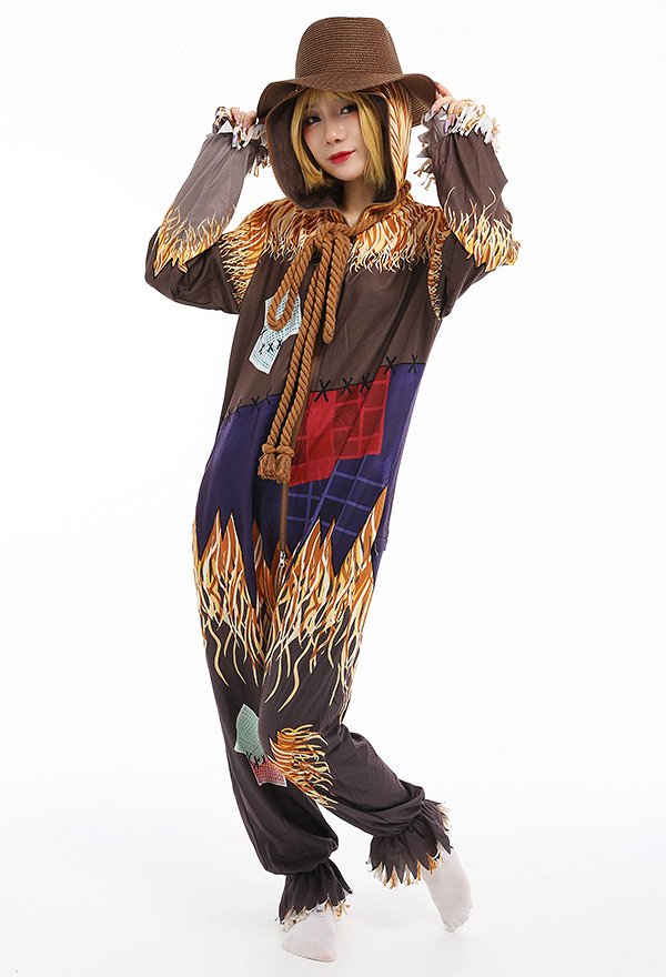 Women Scarecrow Onesie Pajamas Long Sleeve Kigurumi Cosplay Costume with Hat