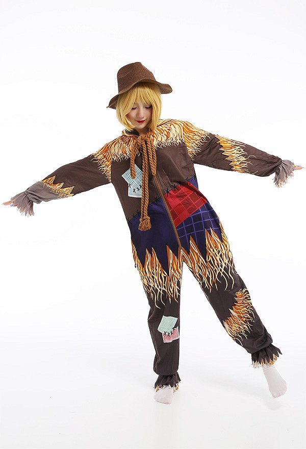Women Scarecrow Onesie Pajamas Long Sleeve Kigurumi Cosplay Costume with Hat