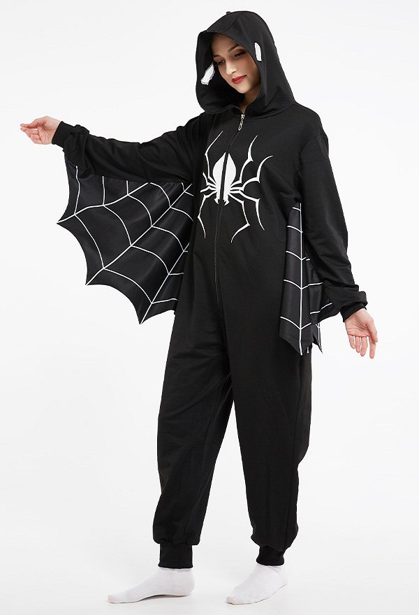 Halloween Women Spider Net Batwing Sleeve Homewear Onesie Pajama Adult Kigurumi Hooded Loungewear Costume Outfits