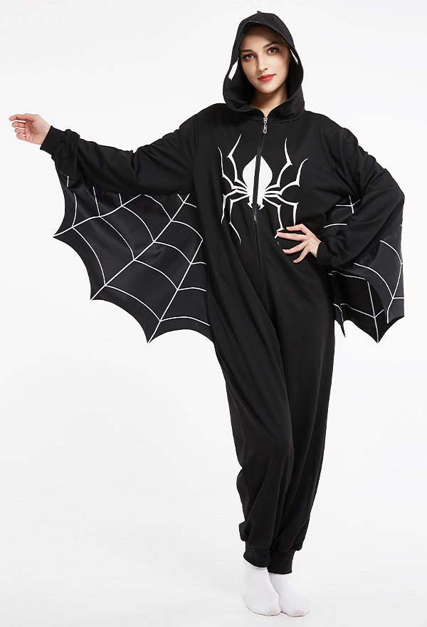 Halloween Women Spider Net Batwing Sleeve Homewear Onesie Pajama Adult Kigurumi Hooded Loungewear Costume Outfits