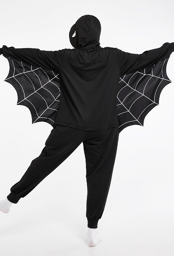 Halloween Women Spider Net Batwing Sleeve Homewear Onesie Pajama Adult Kigurumi Hooded Loungewear Costume Outfits