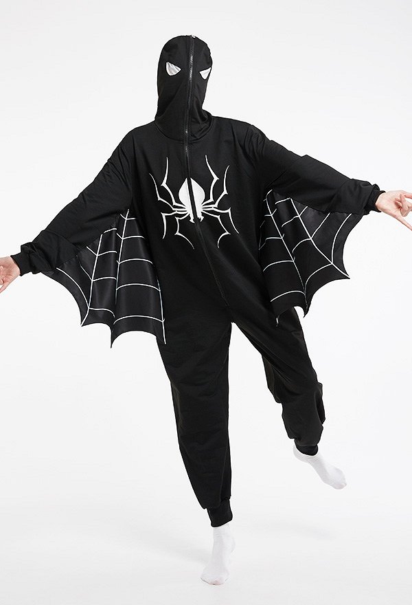 Halloween Women Spider Net Batwing Sleeve Homewear Onesie Pajama Adult Kigurumi Hooded Loungewear Costume Outfits