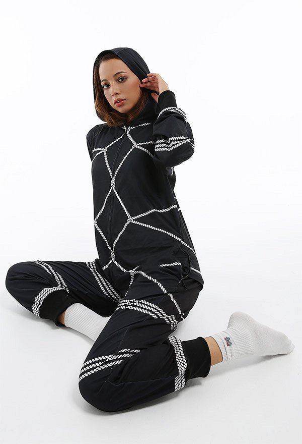 Women Binding Rope Pattern Onesie Pajama Adult Homewear Kigurumi Hooded Loungewear Costume Outfits