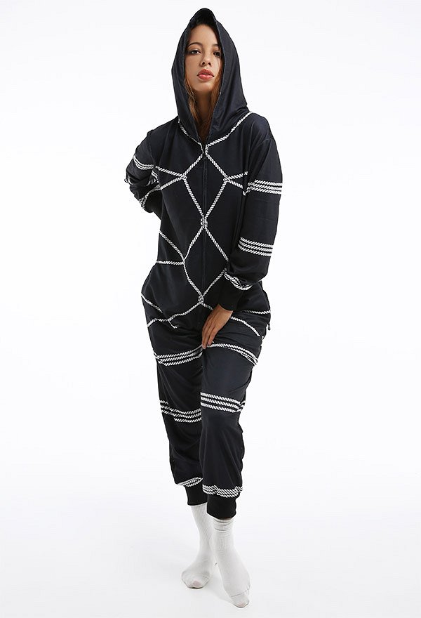 Women Binding Rope Pattern Onesie Pajama Adult Homewear Kigurumi Hooded Loungewear Costume Outfits