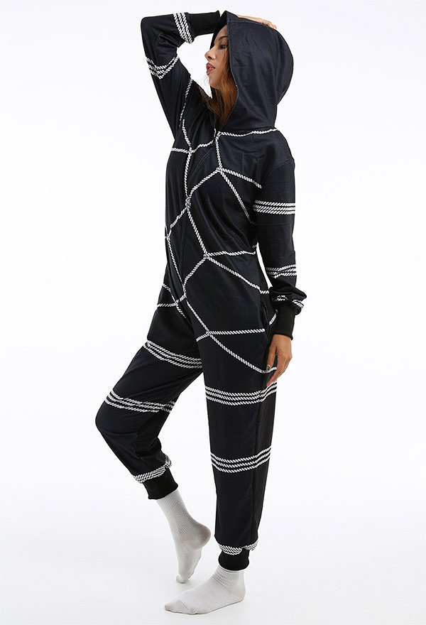Women Binding Rope Pattern Onesie Pajama Adult Homewear Kigurumi Hooded Loungewear Costume Outfits