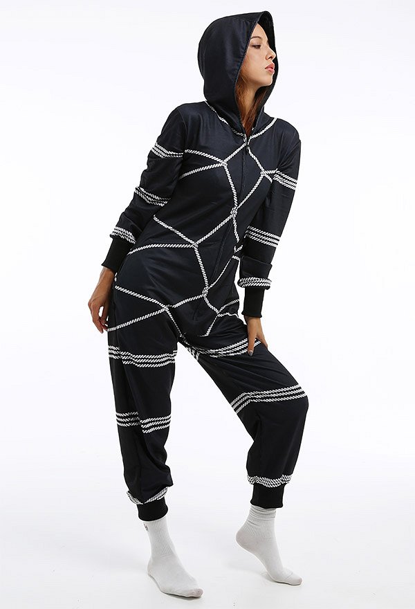Women Binding Rope Pattern Onesie Pajama Adult Homewear Kigurumi Hooded Loungewear Costume Outfits