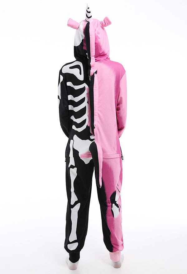Mujeres Dibujos Animados de Halloween Impresión de Unicornio Contraste de Color Mamelujo Pijama Adulto con Capucha Ropa de Casa Kigurumi