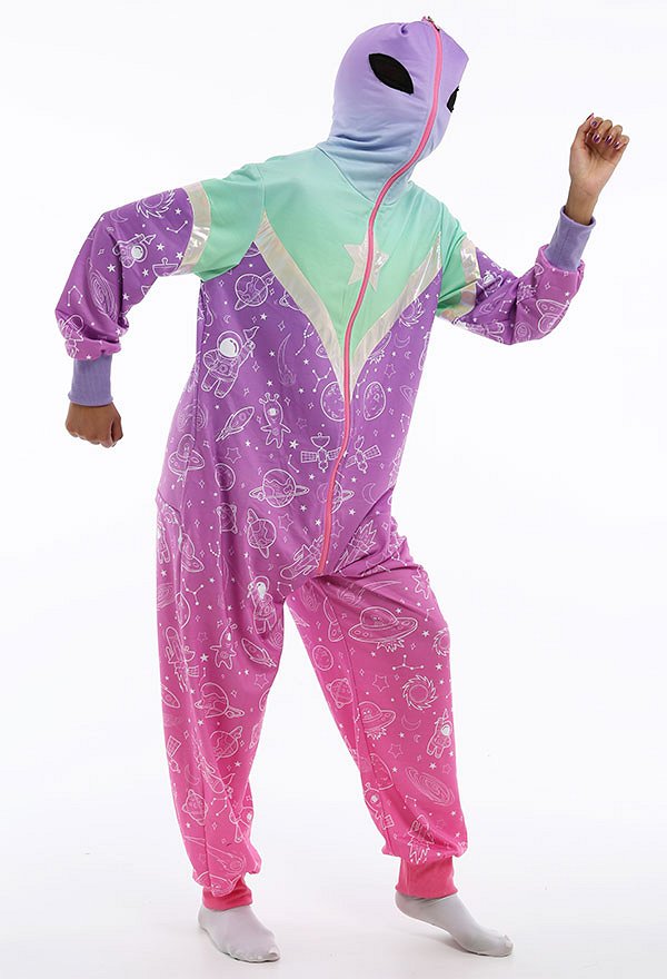 Women Alien Design Gradient Color Onesie Pajamas Kigurumi Long Sleeve Hooded Loungewear Cosplay Costume