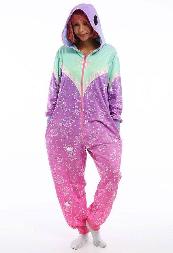 Women Alien Design Gradient Color Onesie Pajamas Kigurumi Long Sleeve Hooded Loungewear Cosplay Costume