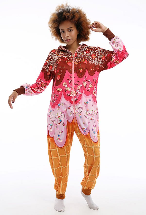 Women Cartoon Ice Cream Pattern Print Onesie Pajama Loungewear Adults Onesie Homewear Kigurumi Costume Outfits