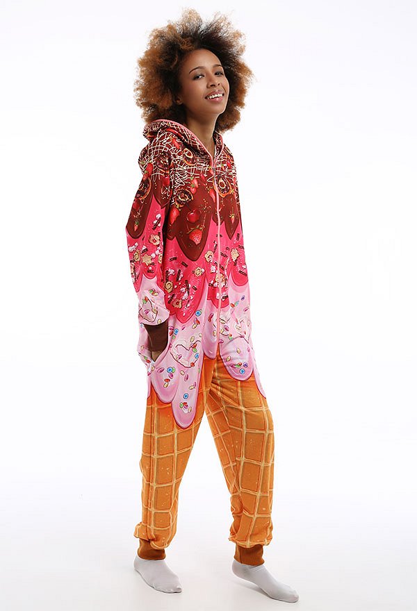 Women Cartoon Ice Cream Pattern Print Onesie Pajama Loungewear Adults Onesie Homewear Kigurumi Costume Outfits