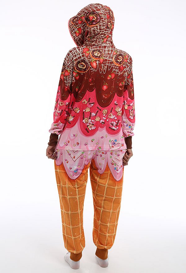 Women Cartoon Ice Cream Pattern Print Onesie Pajama Loungewear Adults Onesie Homewear Kigurumi Costume Outfits