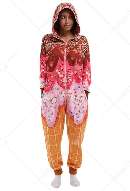 Damen Erwachsene Eistüte Overall mit Kapuzen Pyjamas Onesie Homewear Kigurumi Jumpsuit Kostüm