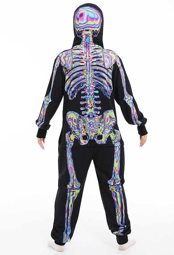 Laser Skeleton Digital Printing Pajamas One-Piece Onesie Long Sleeve Hooded Sleepwear Cosplay Costume Outfits