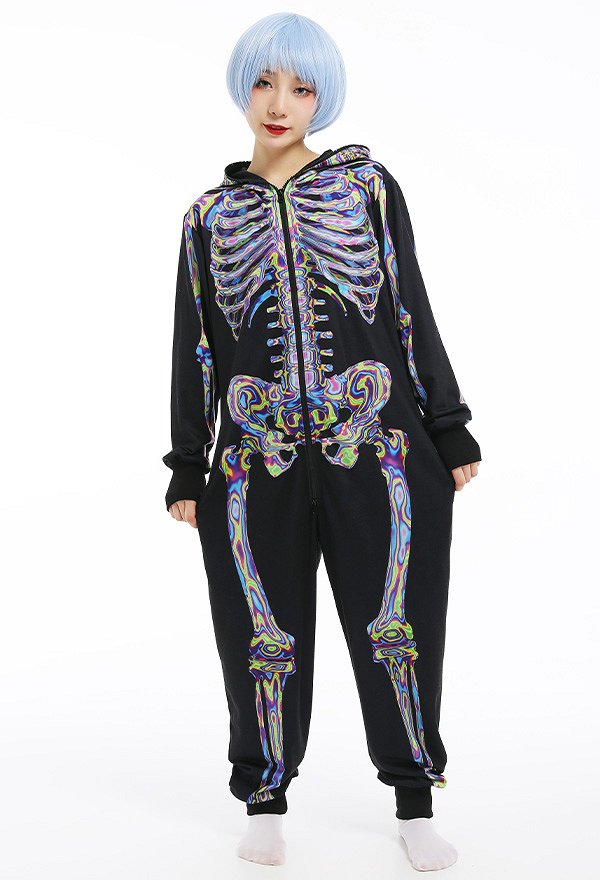 Laser Skeleton Digital Printing Pajamas One-Piece Onesie Long Sleeve Hooded Sleepwear Cosplay Costume Outfits
