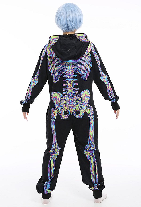Laser Skeleton Digital Printing Pajamas One-Piece Onesie Long Sleeve Hooded Sleepwear Cosplay Costume Outfits