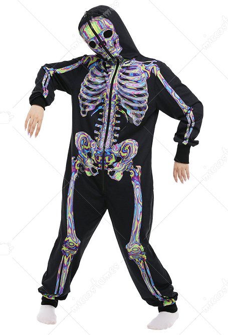 Combinaison Halloween Pyjama Une Pièce Vêtement de Nuit à Manches Longues Noir avec Impressions de Squelette Laser