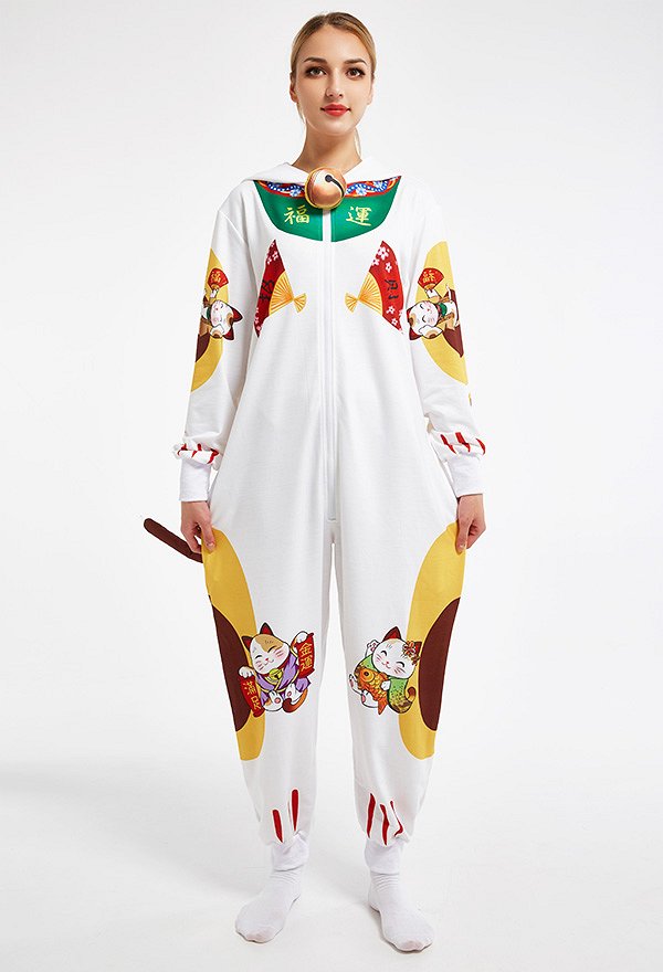 Women Beckoning Cat Homewear Onesie Pajama Adult Kigurumi Hooded Loungewear Costume Outfits
