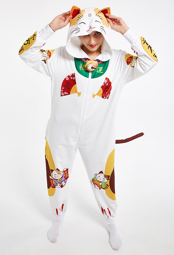 Women Beckoning Cat Homewear Onesie Pajama Adult Kigurumi Hooded Loungewear Costume Outfits