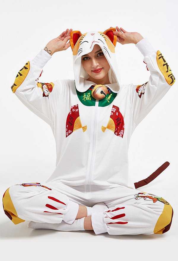 Women Beckoning Cat Homewear Onesie Pajama Adult Kigurumi Hooded Loungewear Costume Outfits