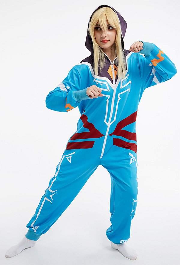 Women Link Blue Pattern Homewear Onesie Pajama Adult Kigurumi Hooded Loungewear Costume Outfits