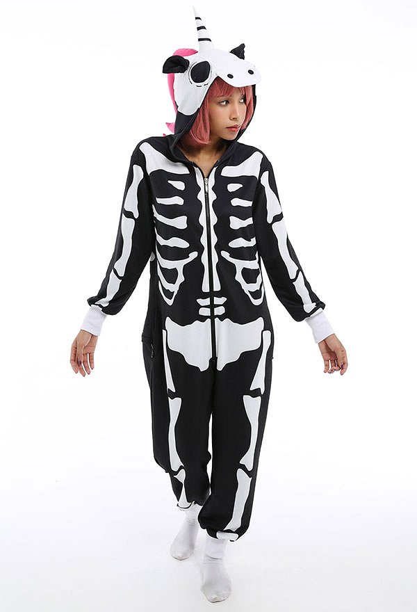 Women Cartoon Skeleton Pony Pattern Print Hooded Onesie Loungewear Adults Onesie Homewear Kigurumi Costume Outfits