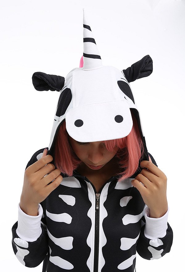 Women Cartoon Skeleton Pony Pattern Print Hooded Onesie Loungewear Adults Onesie Homewear Kigurumi Costume Outfits