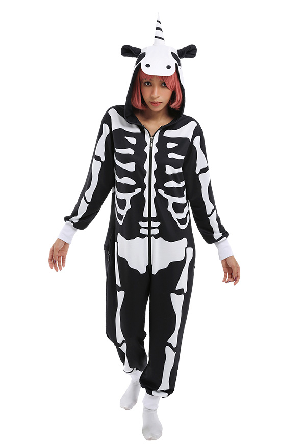 Women Cartoon Skeleton Pony Pattern Print Hooded Onesie Loungewear Adults Onesie Homewear Kigurumi Costume Outfits