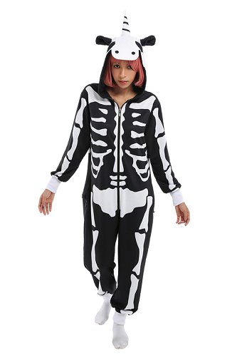Women Cartoon Skeleton Pony Pattern Print Hooded Onesie Loungewear Adults Onesie Homewear Kigurumi Costume Outfits