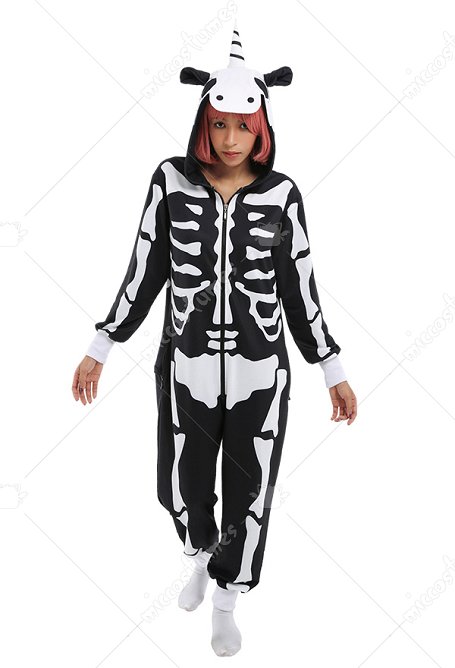 Damen Erwachsene Cartoon Skelett Pony Overall mit Kapuzen Pyjamas Lange Arm Jumpsuit Kostüm Cosplay Halloween Anzug