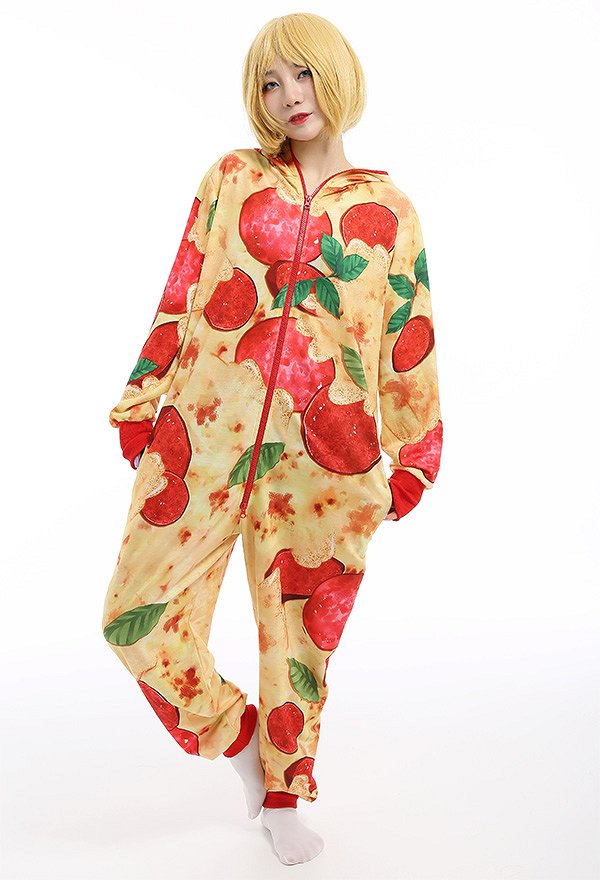 Cartoon Cute Pizza Pattern Adults Onesie Onesie Pajamas Long Sleeve Hooded Kigurumi Cosplay Costume