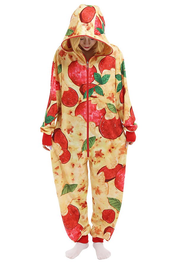 Cartoon Cute Pizza Pattern Adults Onesie Onesie Pajamas Long Sleeve Hooded Kigurumi Cosplay Costume