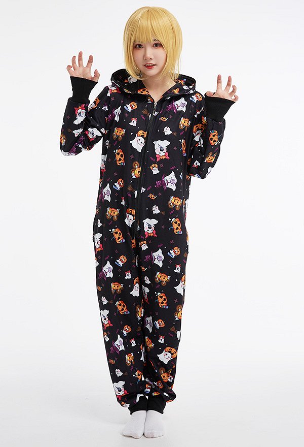 Hallooween Women Pumpkin Ghost Black Onesie Pajama Adult Onesie Homewear Kigurumi Hooded Loungewear Costume Outfits