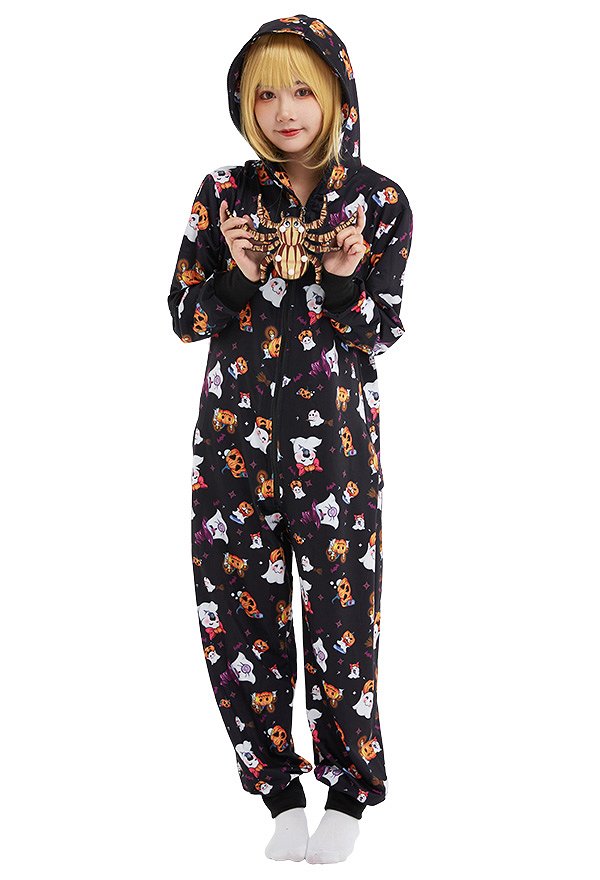 Hallooween Women Pumpkin Ghost Black Onesie Pajama Adult Onesie Homewear Kigurumi Hooded Loungewear Costume Outfits