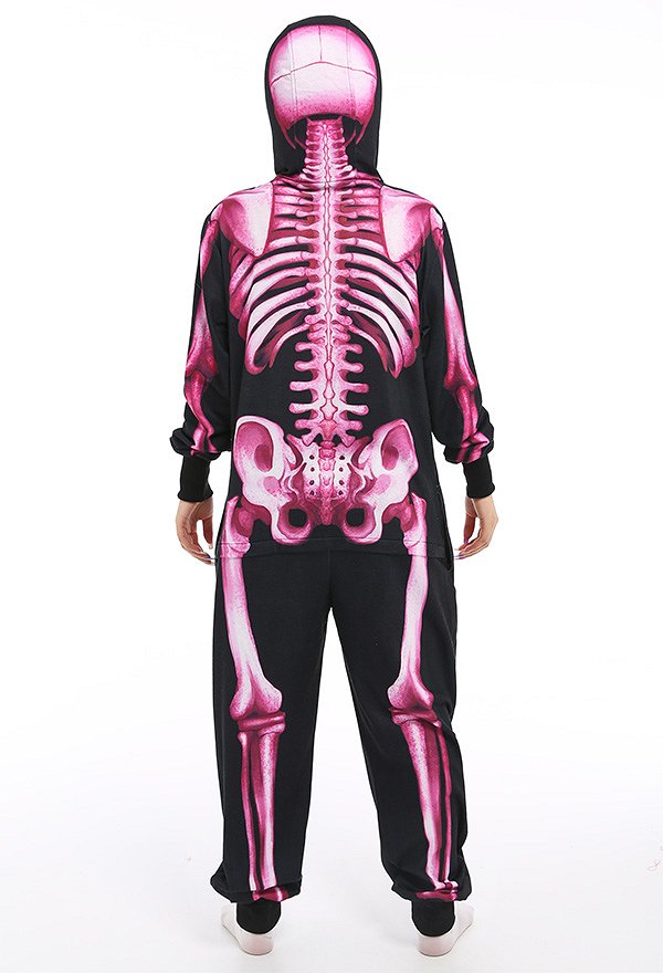 Women Halloween Pink Skull Digital Printing Homewear Kigurumi Onesie Pajama Hooded Loungewear Cosplay Costume Outfits